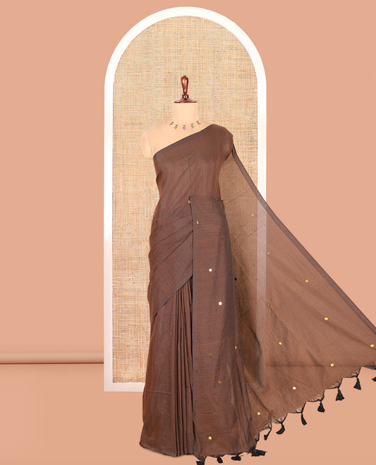 Borderless Brown Khadi Cotton Saree