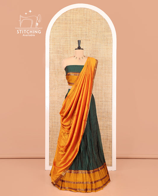 Grey-Red Mercerised Cotton Saree Features a Checked Skirt, Contrast Temple-Rudraksham Rettai Pettu Border, a Matching Blouse, and Contrast Vichitra Silk Dhavani