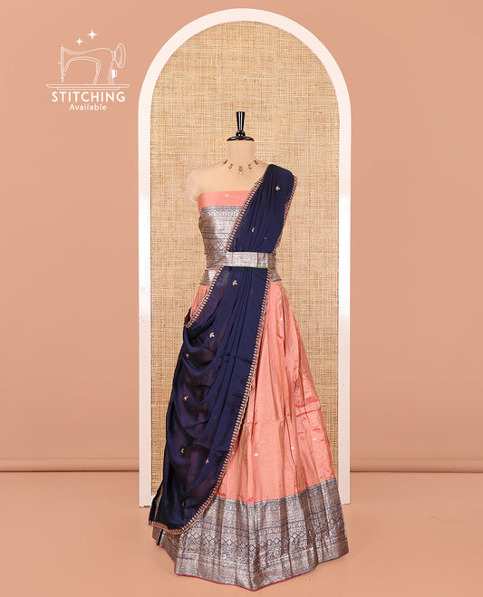 Peach-Blue Banarasi Silk Half-Saree Featuring Buttas Skirt, Contrast Traditional Border, Matching Blouse, Syska Georgette Embroidery Dhavani