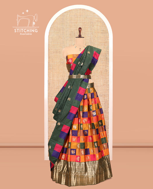 Multi-Color Checked Banarasi Silk Half-Saree with Peacock-Chakra Buttas Skirt, a Contrast Traditional Border, Matching Blouse, Contrast Dhavani