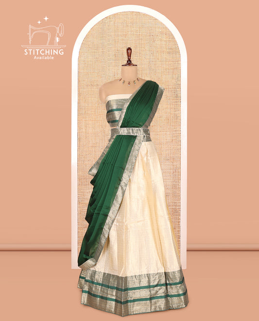 Cream-Green Semi-Silk Half-Saree