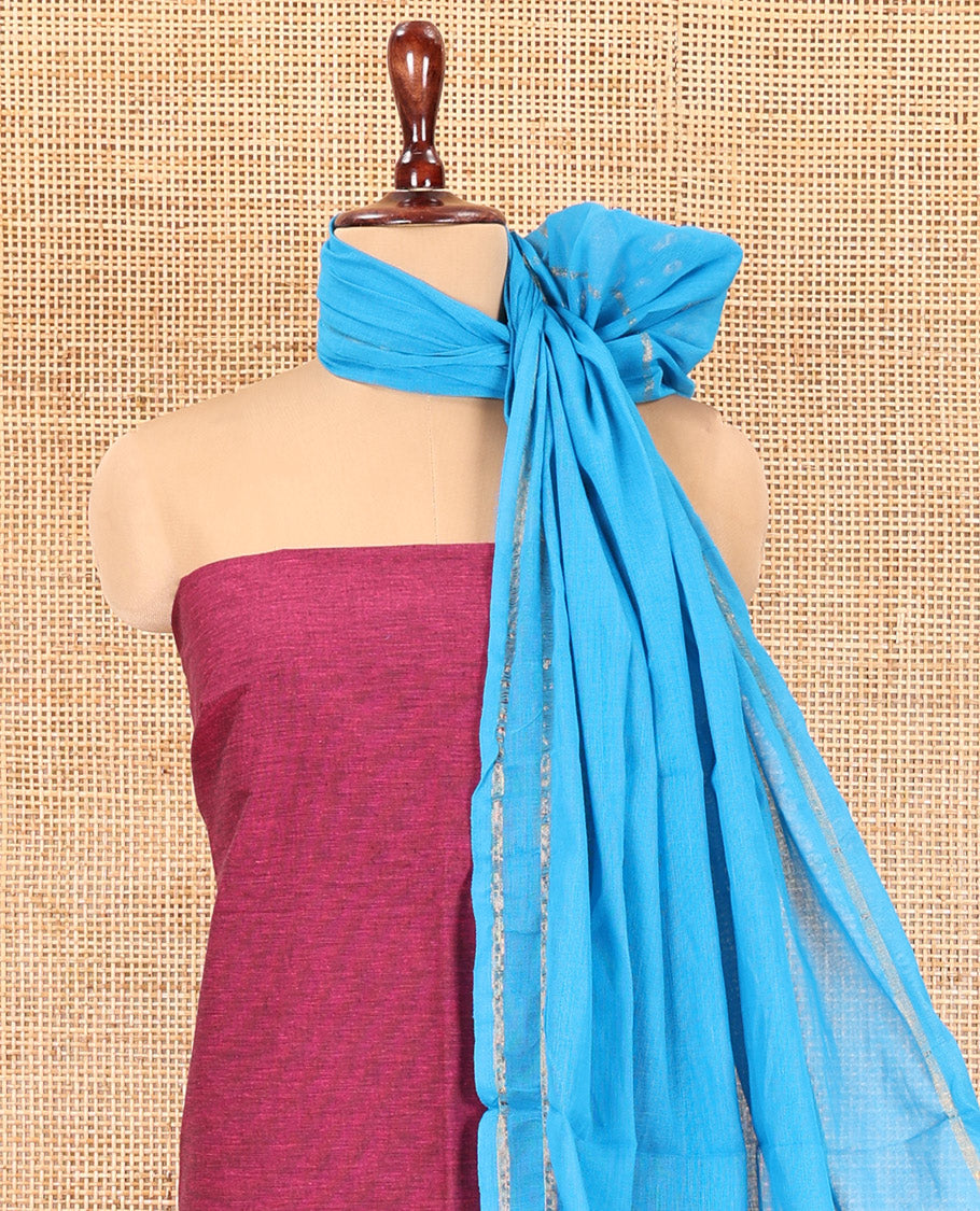 Magenta Handloom Cotton Material Chudidar, Plain and Contrast Traditional Zari-Bordered Top, a Contrast Plain Bottom, and Contrast Dupatta