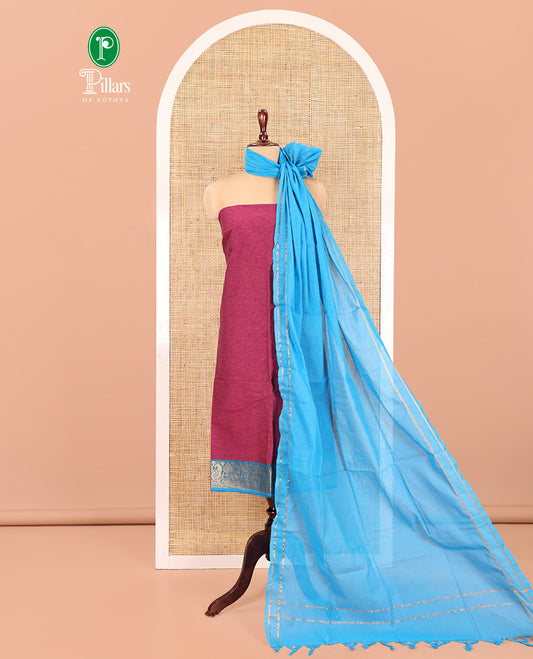 Magenta Handloom Cotton Material Chudidar, Plain and Contrast Traditional Zari-Bordered Top, a Contrast Plain Bottom, and Contrast Dupatta