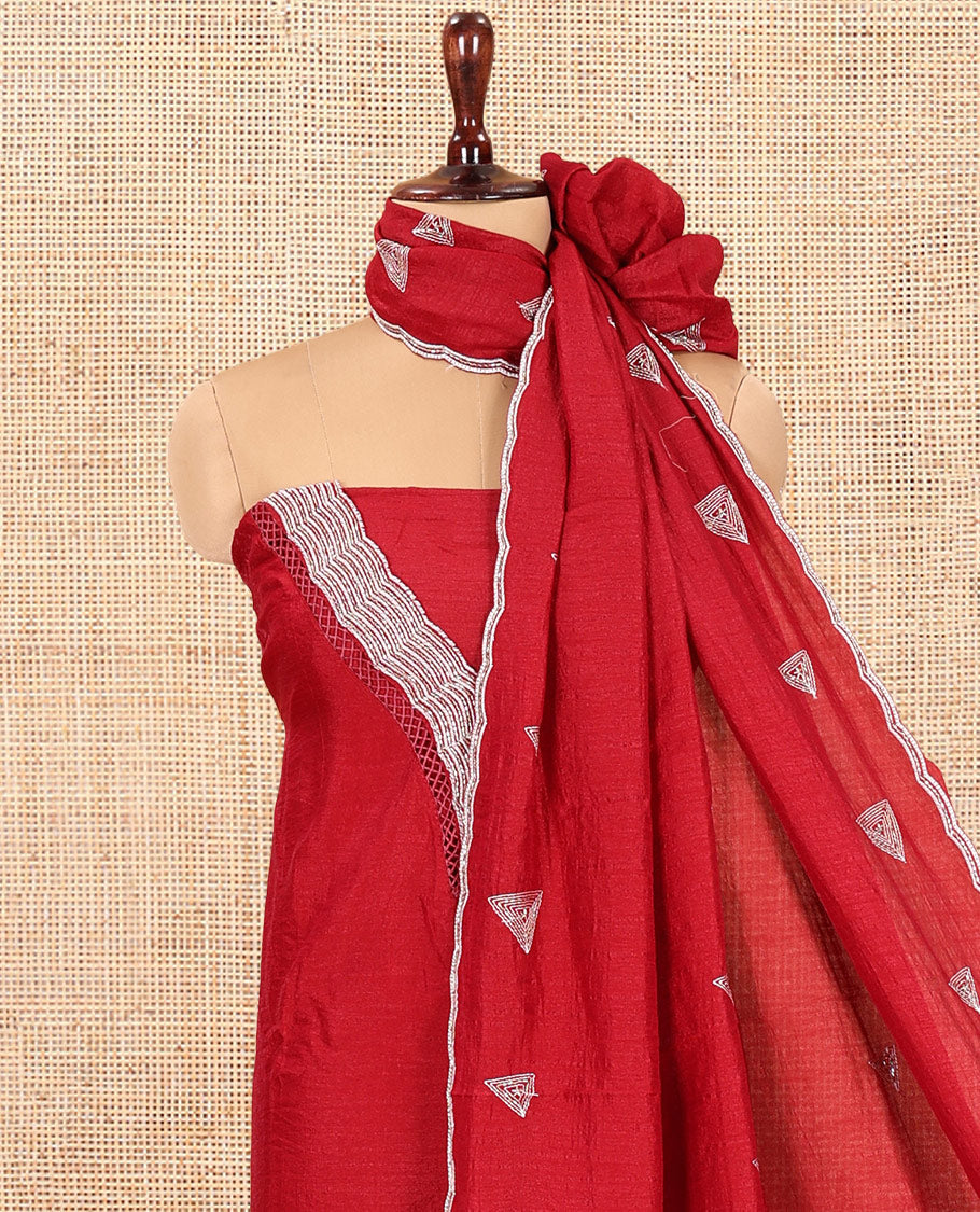 Maroon Vichitra Silk Material Chudidar Features a V-Neck Thread-Sequined Top, a Plain Bottom, Matching Thread-Sequined Dupatta