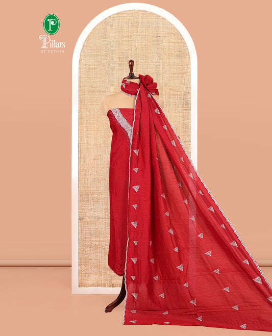 Maroon Vichitra Silk Material Chudidar Features a V-Neck Thread-Sequined Top, a Plain Bottom, Matching Thread-Sequined Dupatta