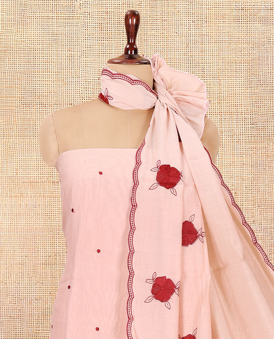 Dusky Rose Mul Chanderi Material Chudiddar, Floral Embroidered Top, Plain Bottom, Scallop Embroidered Dupatta