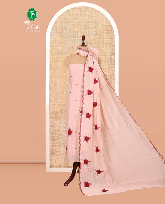 Dusky Rose Mul Chanderi Material Chudiddar, Floral Embroidered Top, Plain Bottom, Scallop Embroidered Dupatta