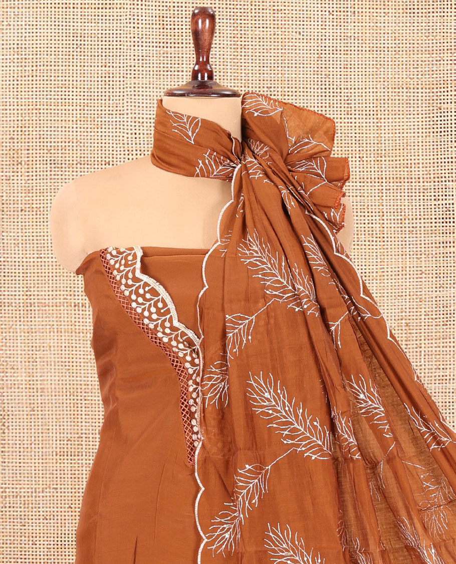 Dusky Brown Mul Chanderi Material Churidar Set, V-Neck Thread Embroidered Top, a Matching Bottom, a Thread Leaf Embroidered Dupatta