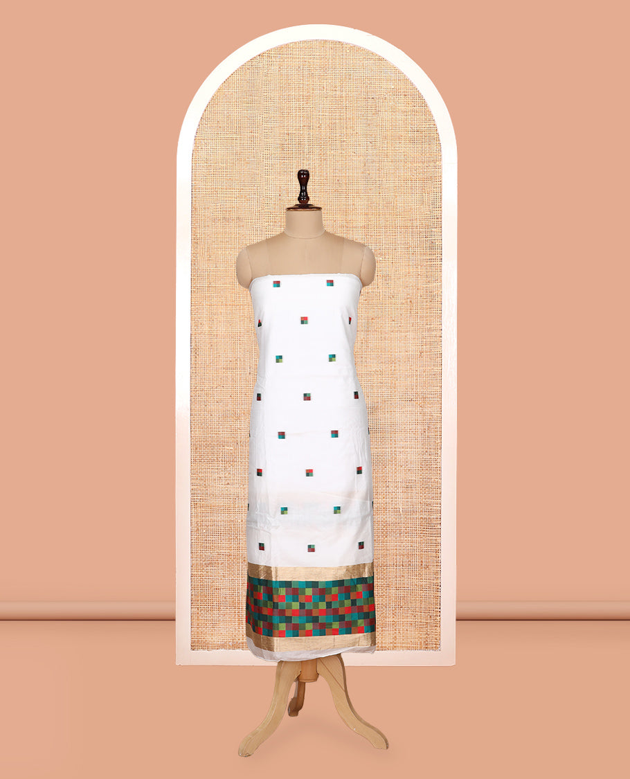 White Chanderi Material Churidar Features Square Butta Printed Top, a Plain Bottom, a Square Buttas Printed Dupatta