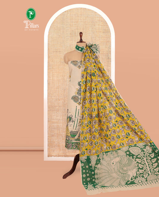 Chikku-Green Cotton Material Chudidar, Kalamkari Print Skirt, Contrast Bottom, Kalamkari Print Dhavani