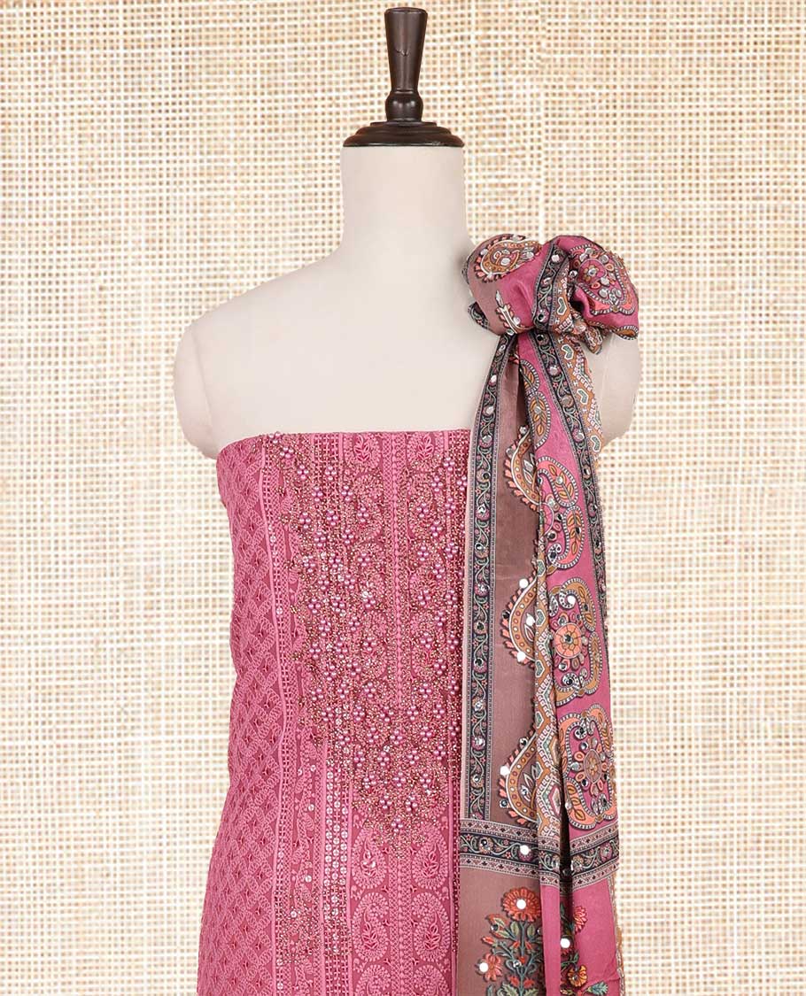 Onion pink shifli sequins work, swarovski stone, moti work georgette chudidhar material top with american crepe pant & chinnon material digital print , mirror work dupatta