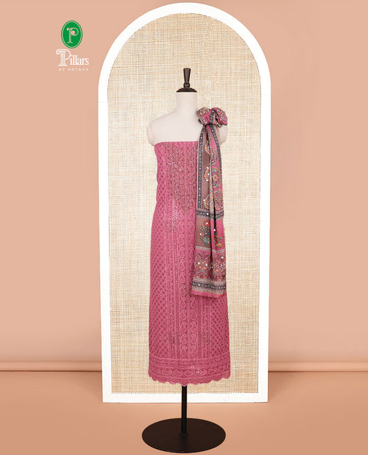 Onion pink shifli sequins work, swarovski stone, moti work georgette chudidhar material top with american crepe pant & chinnon material digital print , mirror work dupatta