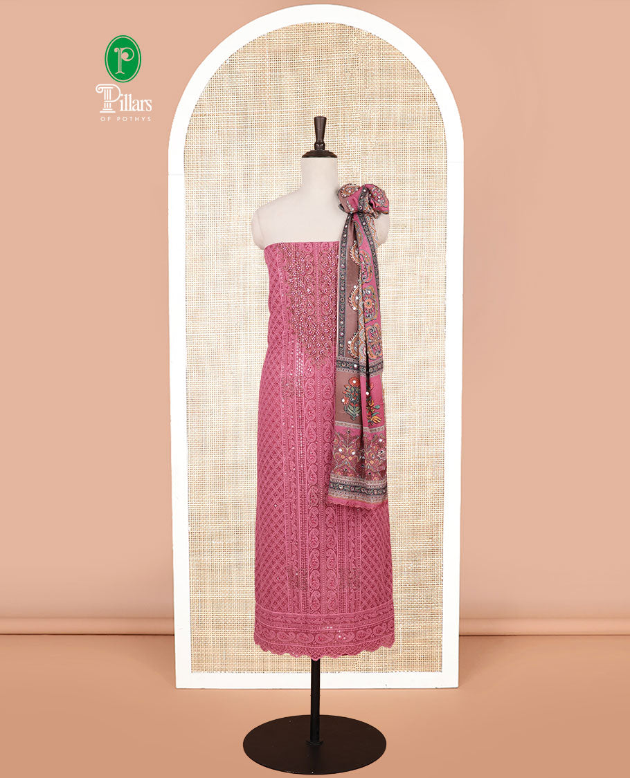 Onion pink shifli sequins work, swarovski stone, moti work georgette chudidhar material top with american crepe pant & chinnon material digital print , mirror work dupatta