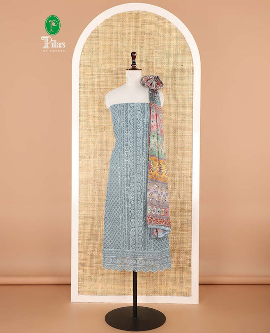 shifli lucknowi embroidery mango design georgette chudidhar material top with american crepe pant & floral digital print, sequins embroider dupatta