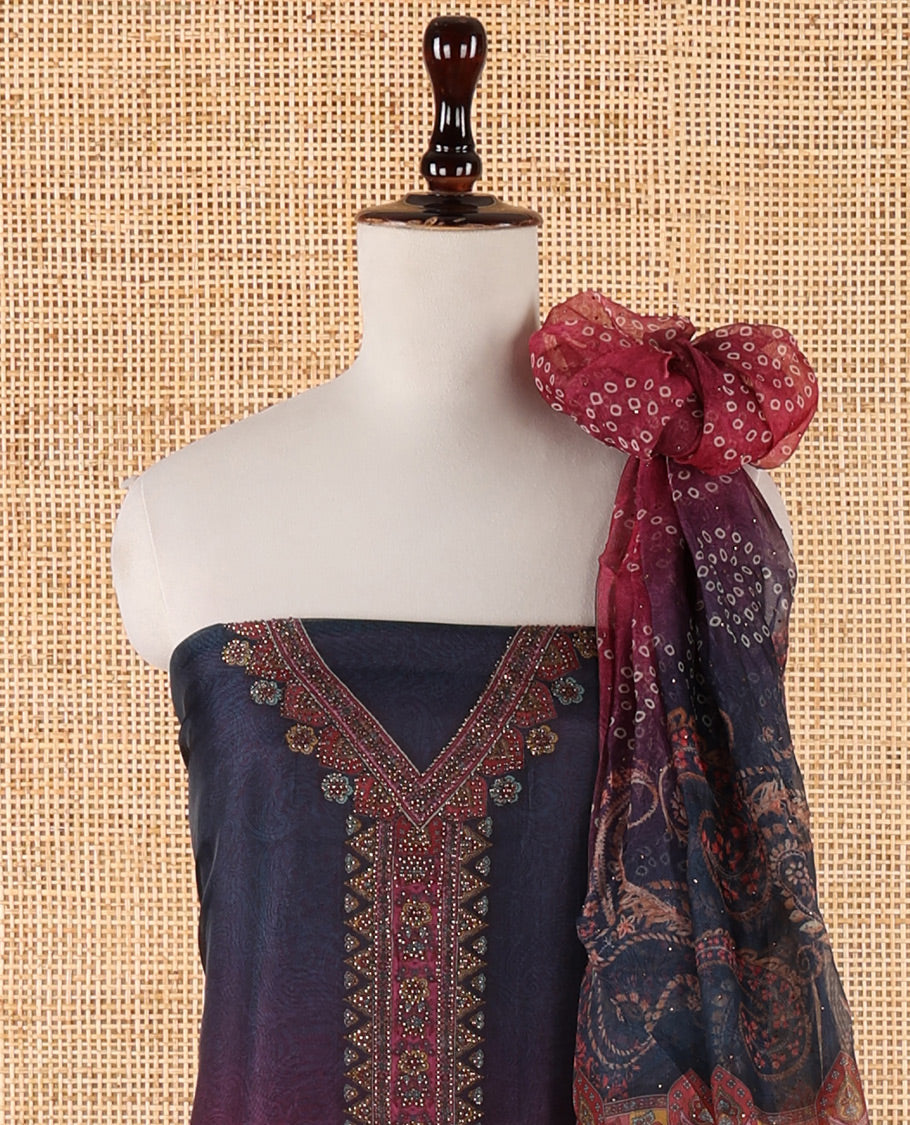 Blue ombre chudidar material set, intricately printed & Swarovski stone work V-neck organza top, bhandhani print & Swarovski stone work organza dupatta & plain santoon bottom
