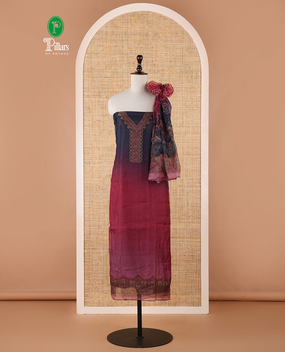Blue ombre chudidar material set, intricately printed & Swarovski stone work V-neck organza top, bhandhani print & Swarovski stone work organza dupatta & plain santoon bottom