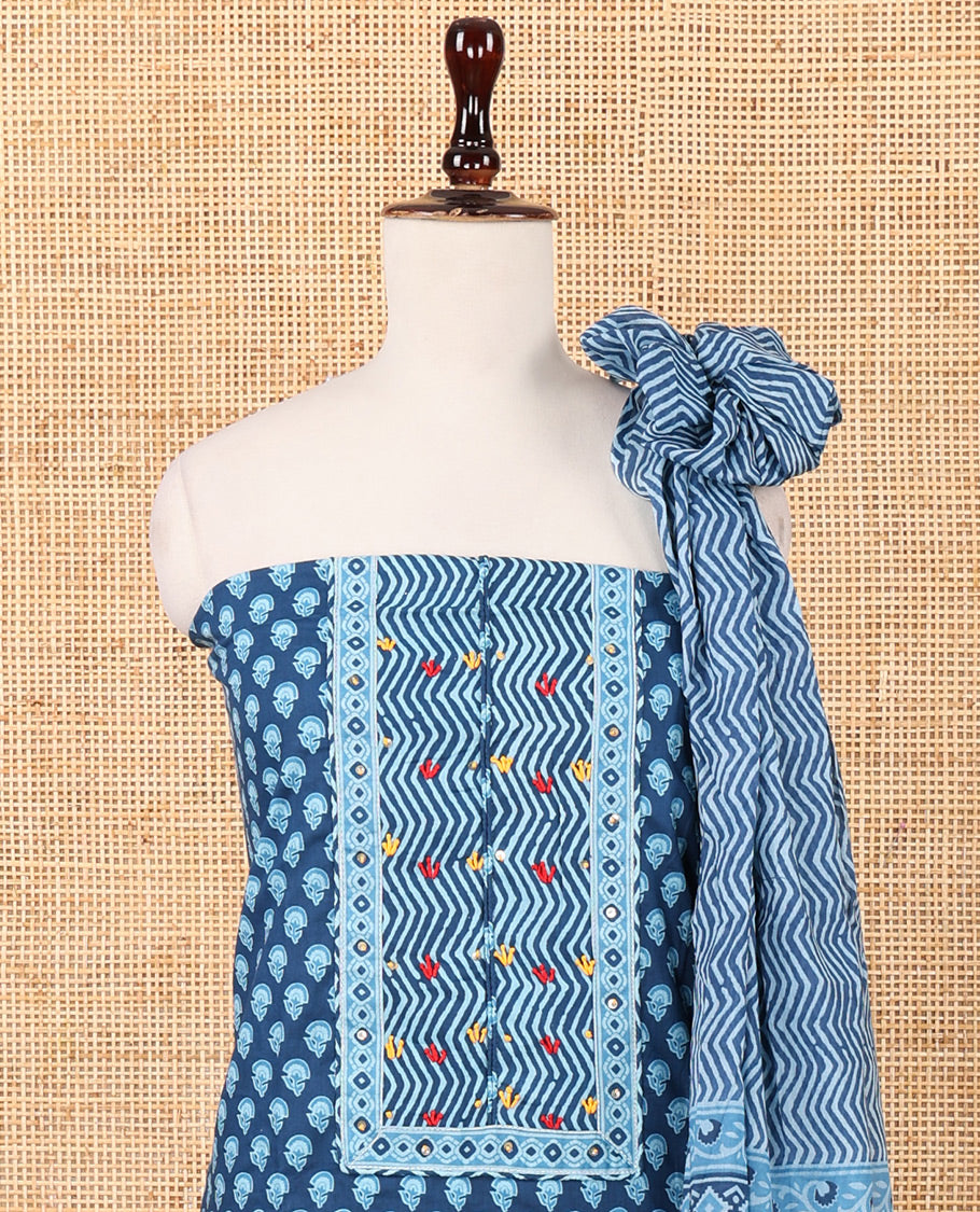 Indigo blue chudidar material set,flower buttas,floral patch work & French knot soft cotton top, leheriya printed bottom & mul-mul cotton dupatta