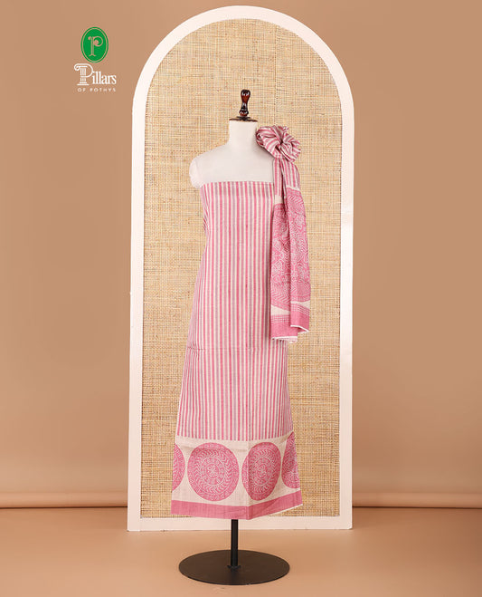 Pink semi-tussar material chudidar set, stripes & bandhani-style dotted motifs printed top & dupatta with heathered bottom