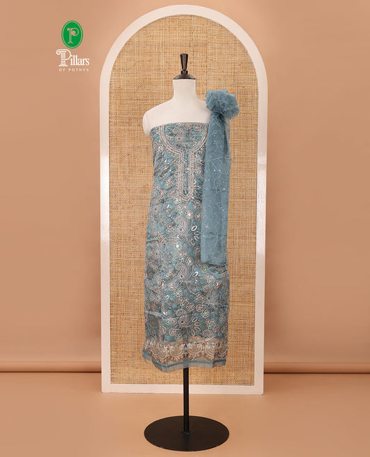 Sapphire green material chudidar set, floral printed & outline mixed embroidery organza top,plain bottom & floral vine sequins embroidery dupatta