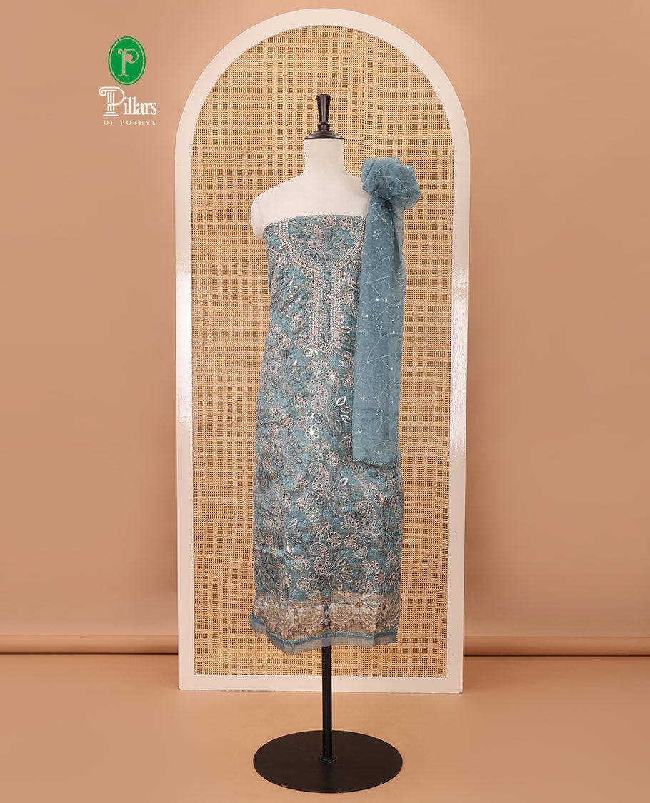 Sapphire green material chudidar set, floral printed & outline mixed embroidery organza top,plain bottom & floral vine sequins embroidery dupatta