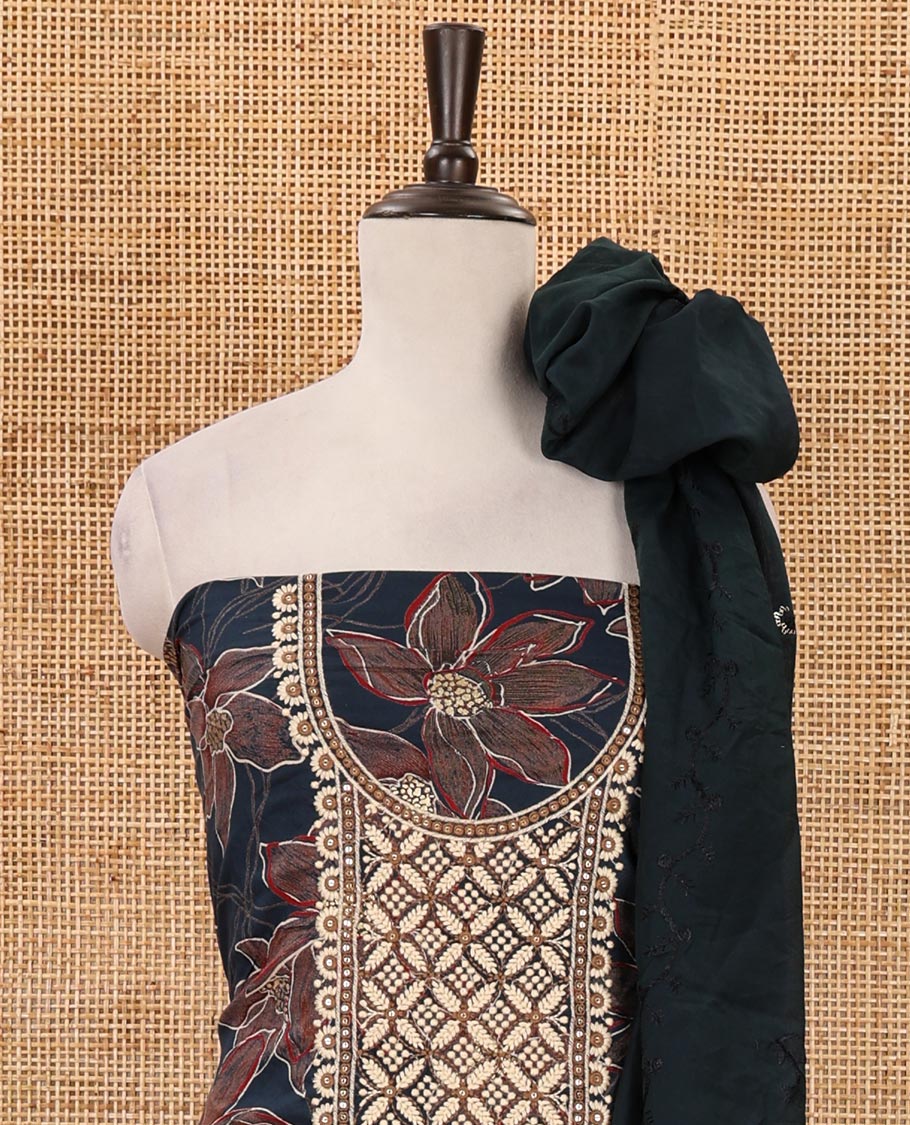 Peacock blue material chudidar set, floral print & thread neck embroidered rayon top, matching cotton bottom & sequins embroidered floral dupatta