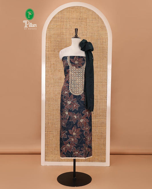 Peacock blue material chudidar set, floral print & thread neck embroidered rayon top, matching cotton bottom & sequins embroidered floral dupatta