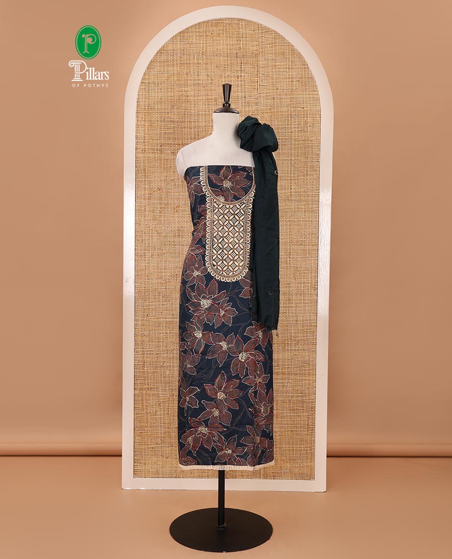 Peacock blue material chudidar set, floral print & thread neck embroidered rayon top, matching cotton bottom & sequins embroidered floral dupatta