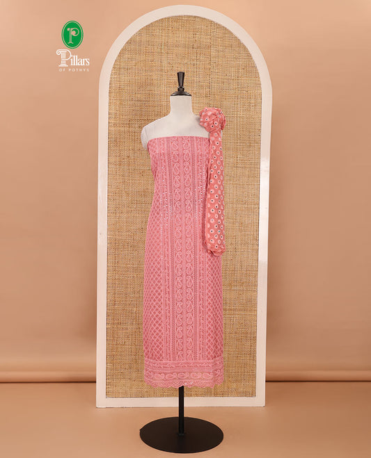 Pink material chudidar set,  floral, paisley & geometric schiffli embroidered georgette top & orginal mirror embroidered georgette dupatta