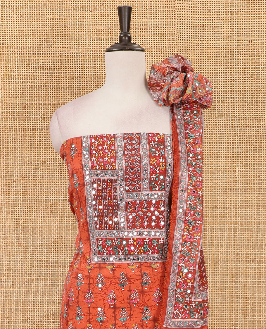 Orange material chudidar set, floral-theme batik printed with mirror embroidered crepe top, santoon bottom, and Chinon dupatta of print, and mirror embroidery