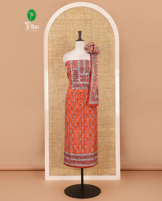 Orange material chudidar set, floral-theme batik printed with mirror embroidered crepe top, santoon bottom, and Chinon dupatta of print, and mirror embroidery