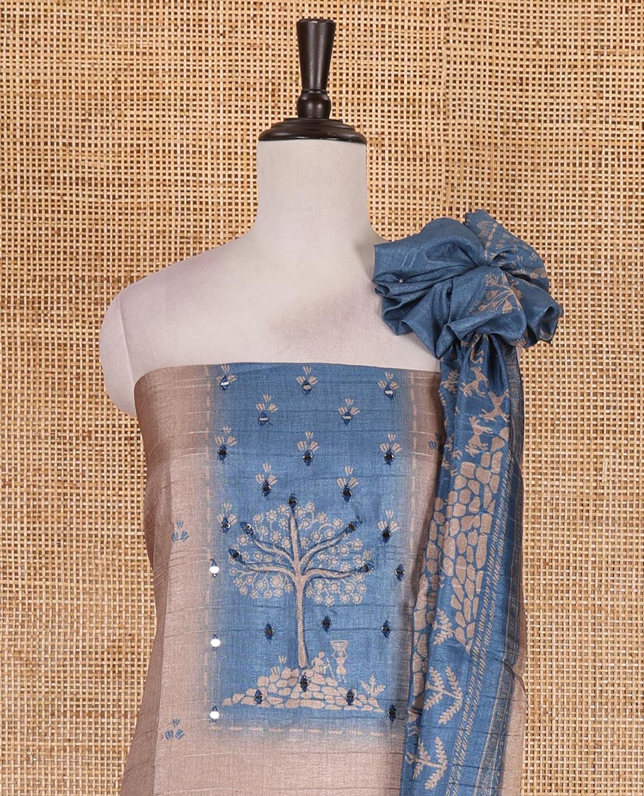Chikku-blue material churidar set, warli tribe village theme print with mirror work semi-tussar top, plain bottom, and warli tribe village theme print semi-tussar dupatta