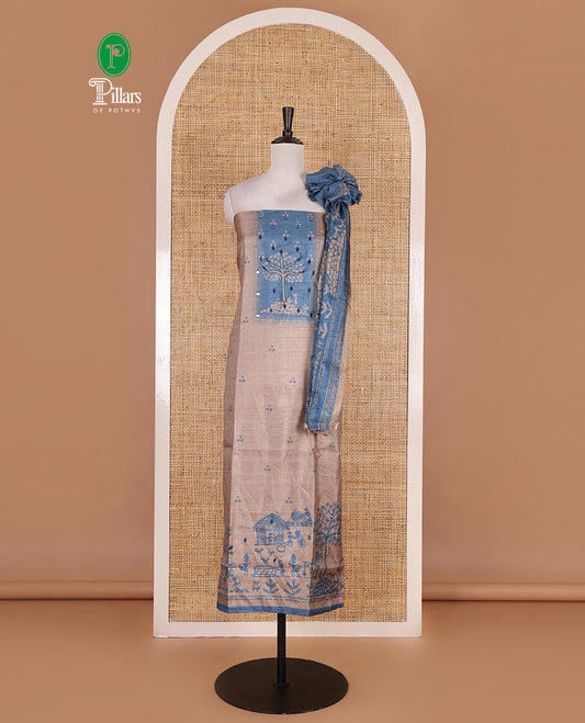 Chikku-blue material churidar set, warli tribe village theme print with mirror work semi-tussar top, plain bottom, and warli tribe village theme print semi-tussar dupatta