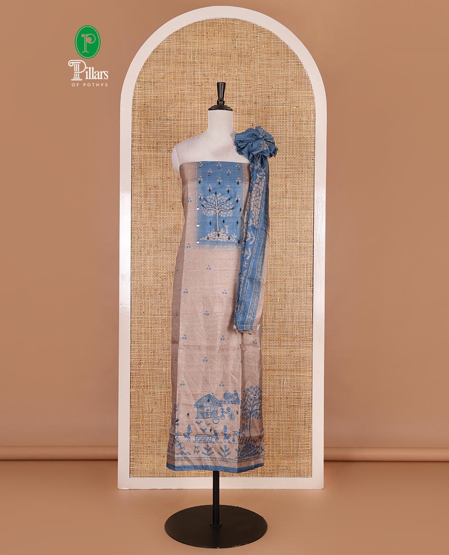 Chikku-blue material churidar set, warli tribe village theme print with mirror work semi-tussar top, plain bottom, and warli tribe village theme print semi-tussar dupatta