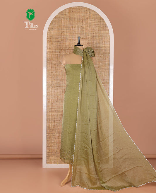 Green material chudidar set, stone work moss organza top, a matching bottom, and scallop stone work moss organza dupatta
