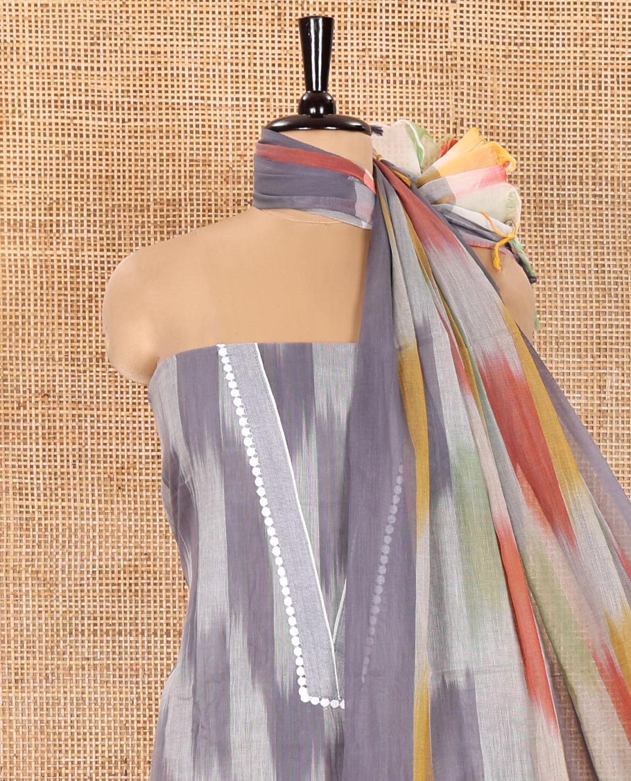 Grey Material Chudidhar Set Featuring Delicately Ikkat Woven Handloom Cotton Top, Plain Cotton Bottom, and Handloom Cotton Ikkat Textured Dupatta