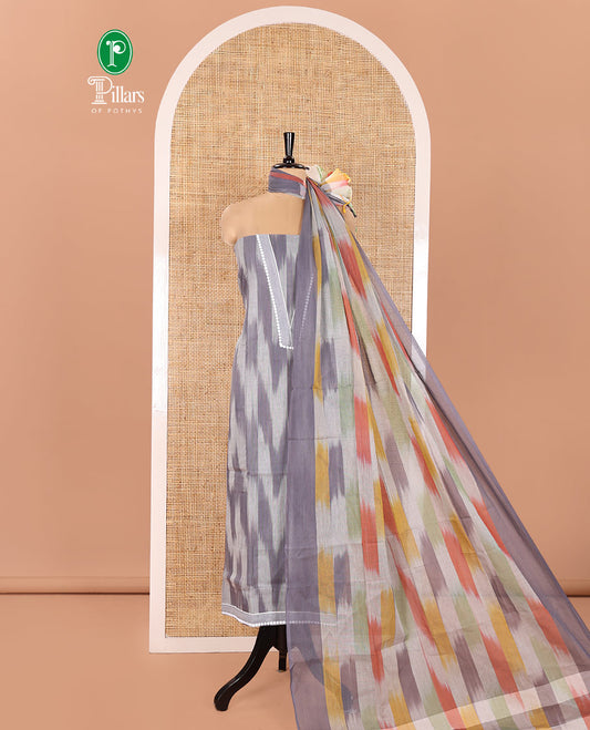 Grey Material Chudidhar Set Featuring Delicately Ikkat Woven Handloom Cotton Top, Plain Cotton Bottom, and Handloom Cotton Ikkat Textured Dupatta