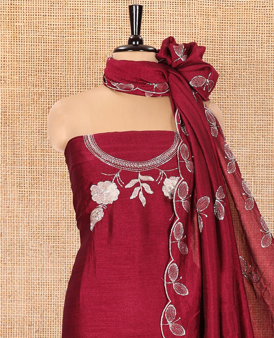 Wine Material Chudidhar Set, Highlighted with an Floral Motifs Embroidered on its Vichitra Silk Top, Plain Santoon Bottom, and Vichitra Silk Dupatta of Leaf Motifs Embroidery