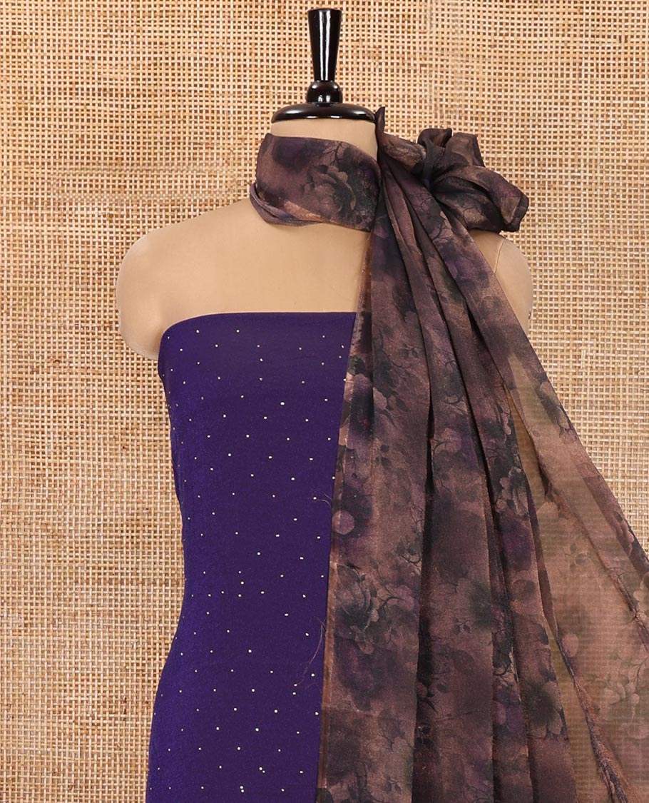 Violet Material Churidar Set, Ornamented with Swarovski Stone Work Nc Moss Organza Top, Comes with a Plain Santoon Bottom, and Floral Printed Nc Moss Organza Dupatta