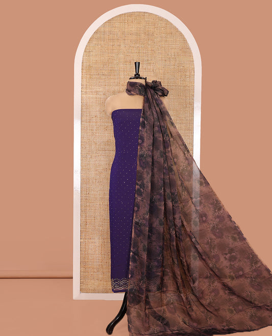 Violet Material Churidar Set, Ornamented with Swarovski Stone Work Nc Moss Organza Top, Comes with a Plain Santoon Bottom, and Floral Printed Nc Moss Organza Dupatta