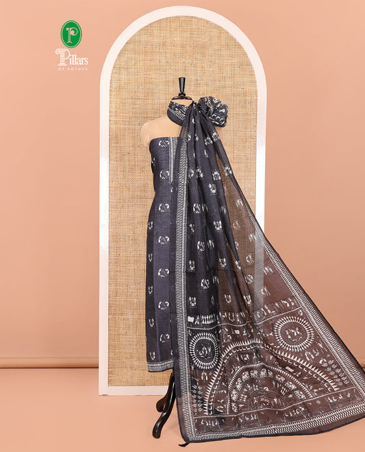 Grey Material Churidar Set, Elegantly Designed with Warli Motifs Printed on Chanderi Top, Comes with a Plain Santoon Bottom, and Is Paired with a Chanderi Dupatta Featuring Warli-Village Themed Motifs Print