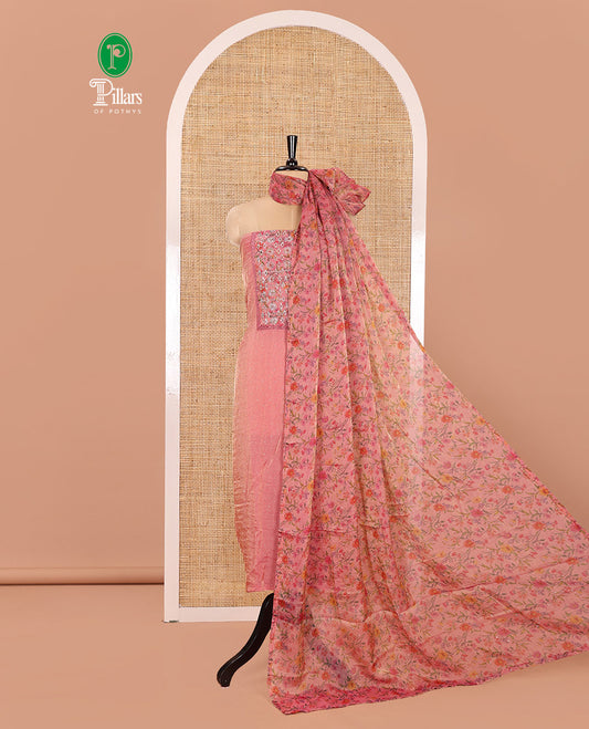 Pink Material Churidar Set, Gleamed Up with Stone Work and Floral Print on Nc Moss Organza Top, Comes with a Plain Santoon Bottom, and Is Paired with a Nc Moss Dupatta of Floral Print and Stone Work