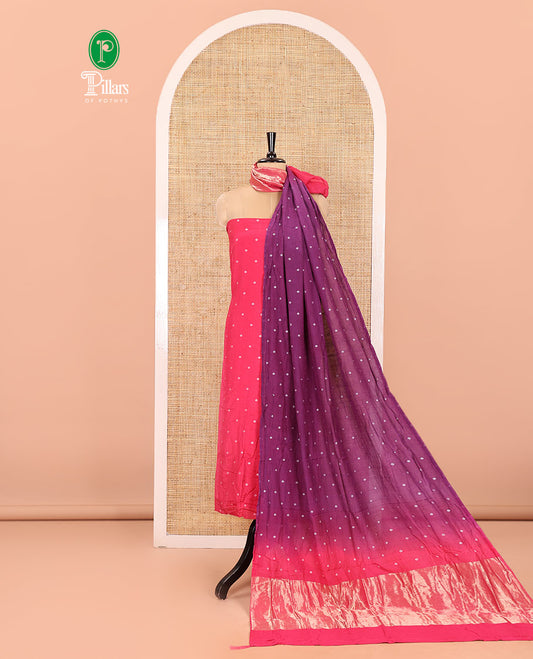 Pink and Purple Semi-Silk Material Churidar Set, Adorned with Bandhani Dots Print, Comes with a Plain Santoon Bottom, and Paired with a Double-Colored Dupatta of Bandhani Dots Print