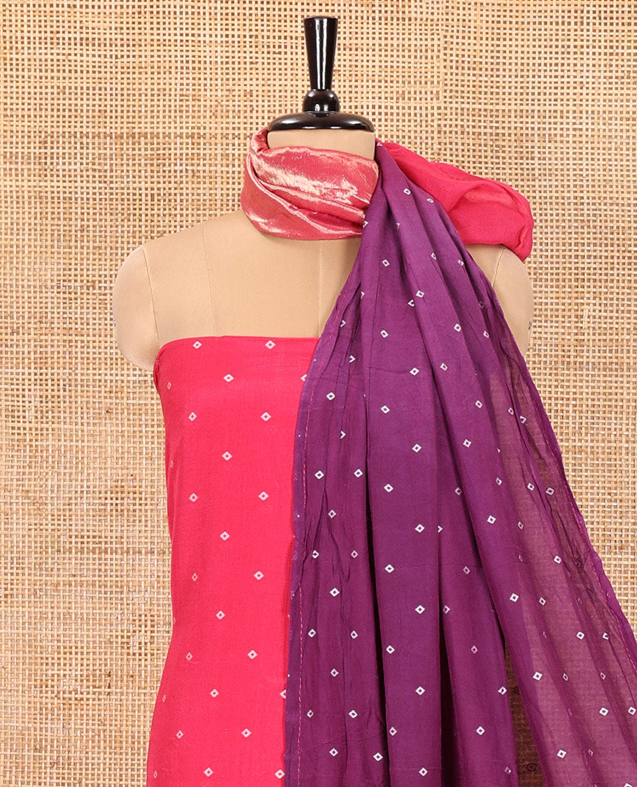 Pink and Purple Semi-Silk Material Churidar Set, Adorned with Bandhani Dots Print, Comes with a Plain Santoon Bottom, and Paired with a Double-Colored Dupatta of Bandhani Dots Print