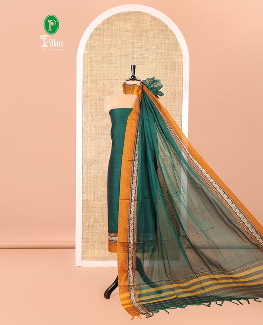 Green Mercerised Cotton Material Churidar Set, Subtly Woven Plain with Contrast Traditional Elephant Motif Bordered Top, a Plain Santoon Bottom, and Paired with a Mercerised Cotton Dupatta