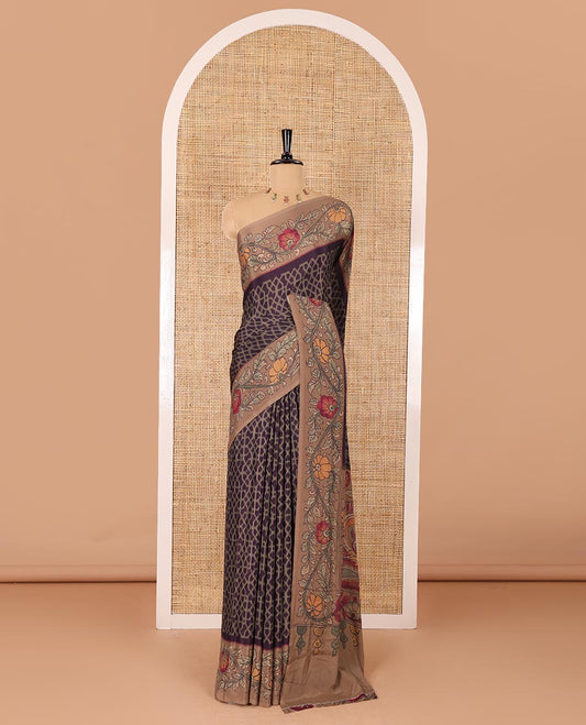 Dark purple Abstract printed Italian crepe saree, contrast kalamkari floral vine printed border, kalamkari printed pallu, and kalamkari printed blouse