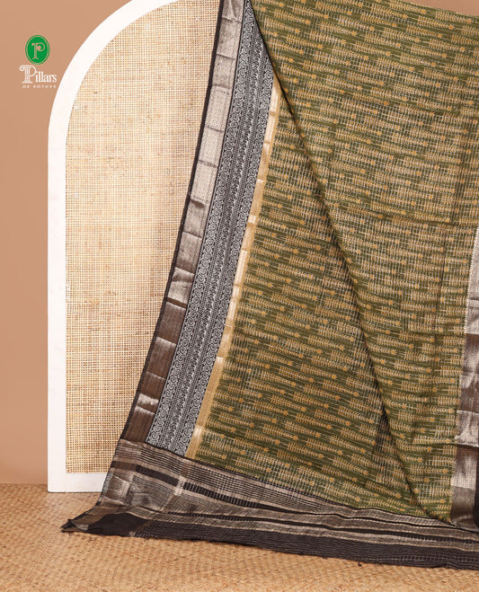 Mehendi green checked & pine-tree motifs printed chanderi cotton saree,contrast traditional border & zari checked pallu