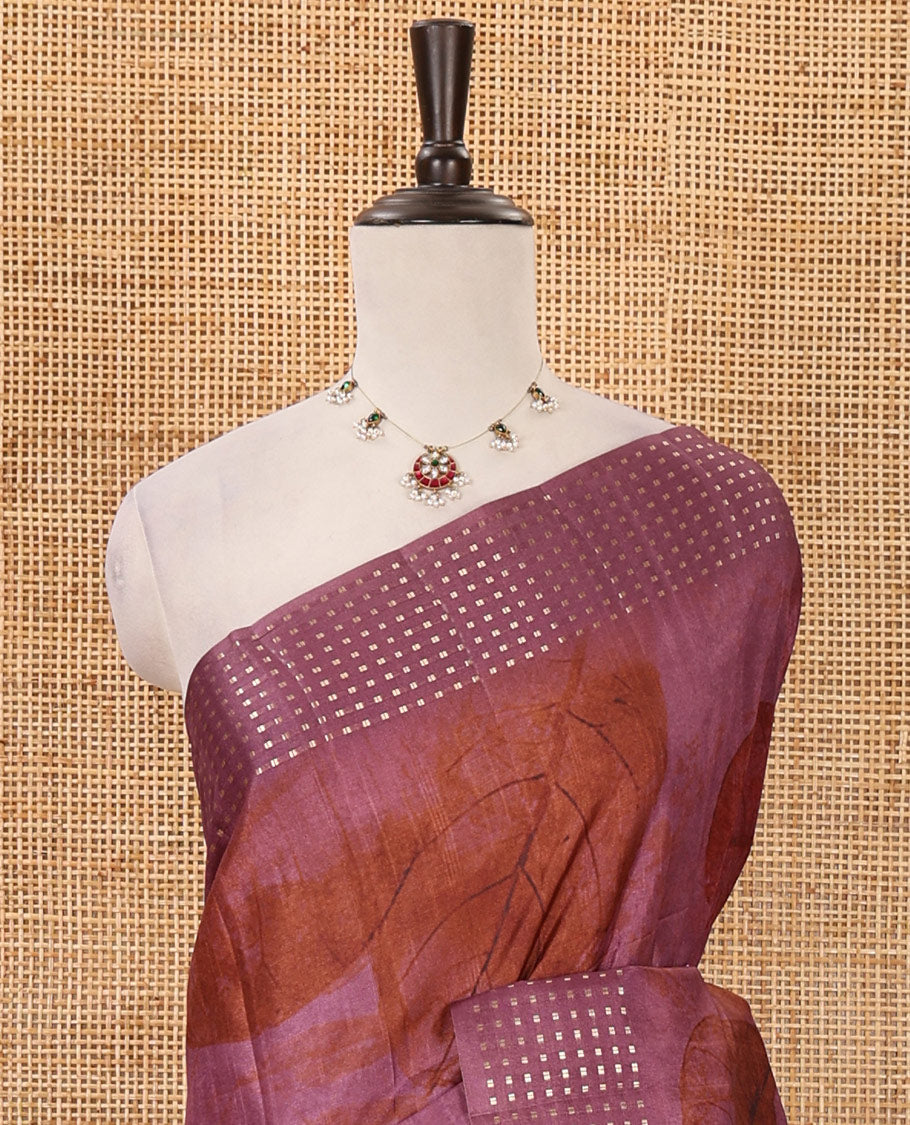 Magenta leaf motifs eco-digital printed fancy tussar saree, zari border, pallu of dobby-style buttas & matching zari design blouse