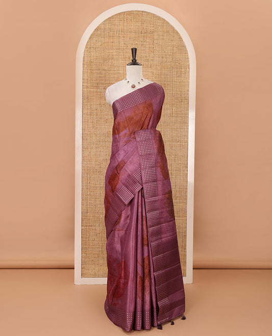 Magenta leaf motifs eco-digital printed fancy tussar saree, zari border, pallu of dobby-style buttas & matching zari design blouse