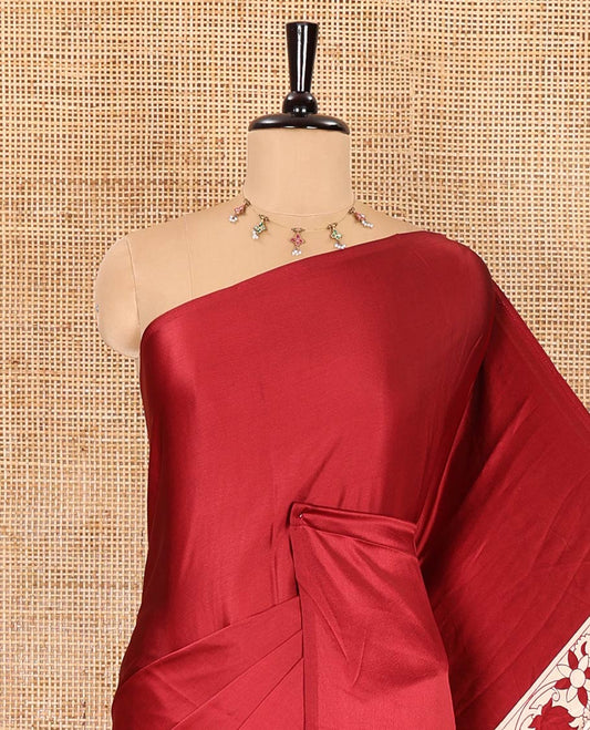 Chikku-maroon half-and-half plain and kalamkari floral printed satin crepe saree, plain border, pallu of floral vine and peacock printed, and kalamkari floral printed blouse