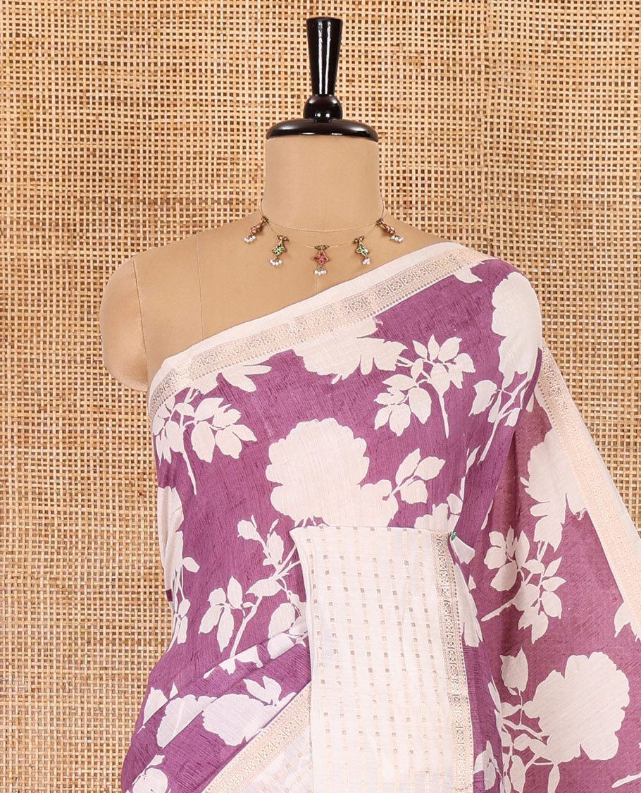 Lavender silhouette-style floral discharge printed Assam silk saree, contrast traditional zari border of rudraksham motifs, zari striped pallu, and a floral printed blouse